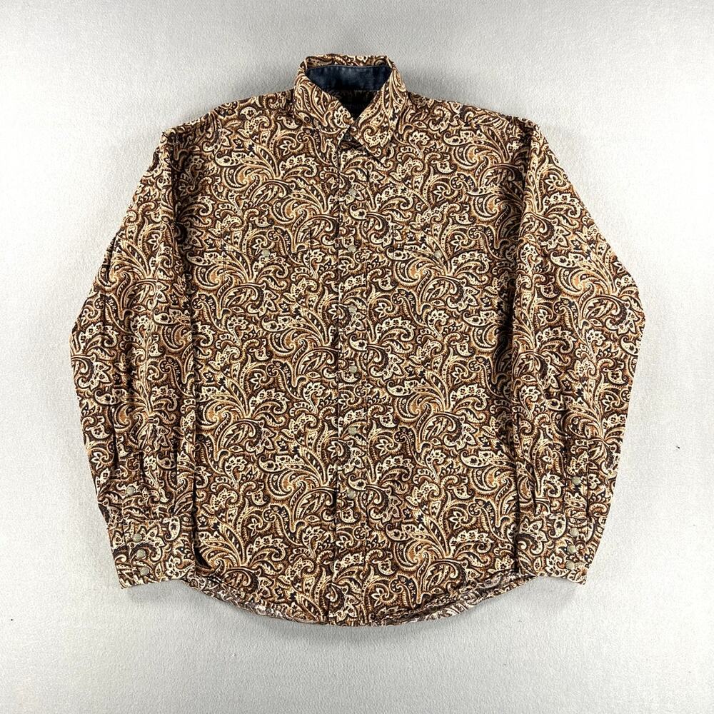 Stetson Pearl Snap Shirt Men Medium Tan Brown Paisley Western Southwest Cowboy